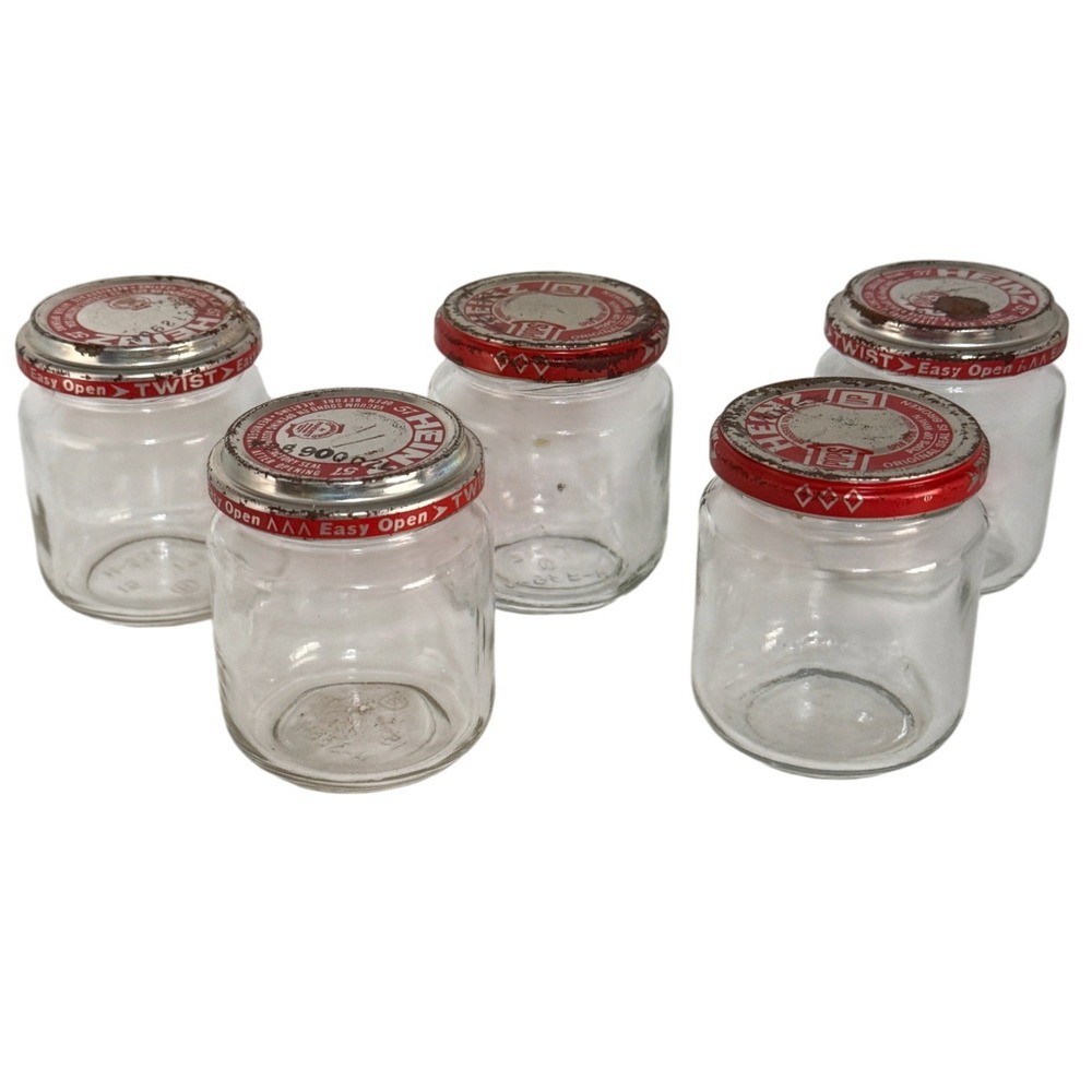 Vintage Heinz 57 Baby Food Jars Set of 5 Metal Twist Lids Clear Glass 2.75in Jar